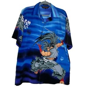 DTEK Sport Large Mens Blue Japanese Anime Sword Fight Collared Button Up Shirt